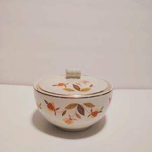 Hall's Superior Jewel Tea Autumn Leaf Drip Jar Bowl w/Lid Gilding Vtg Farmhouse